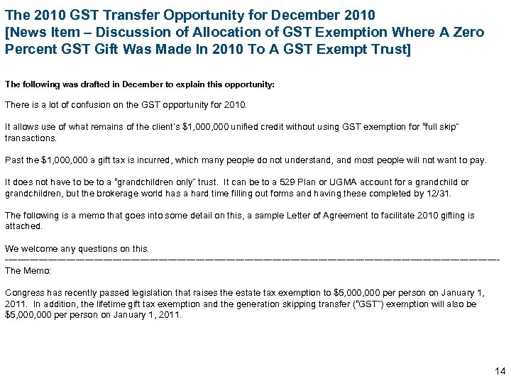 The 2010 GST Transfer Opportunity for December 2010 [News Item – Discussion of Allocation