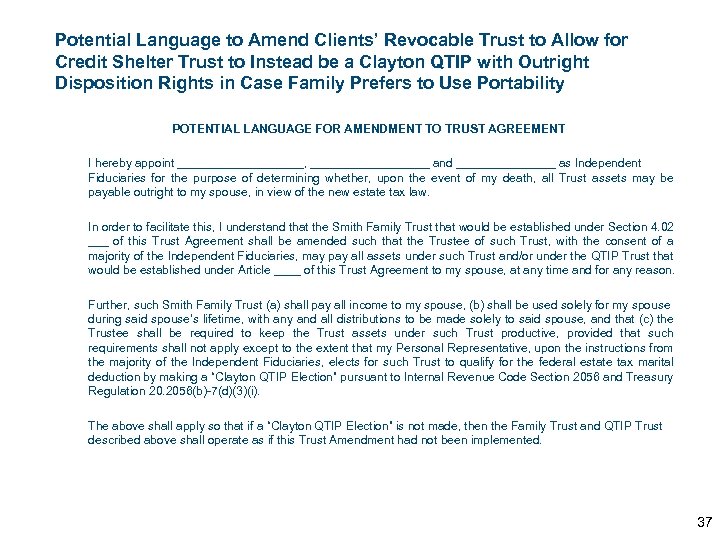 Potential Language to Amend Clients’ Revocable Trust to Allow for Credit Shelter Trust to