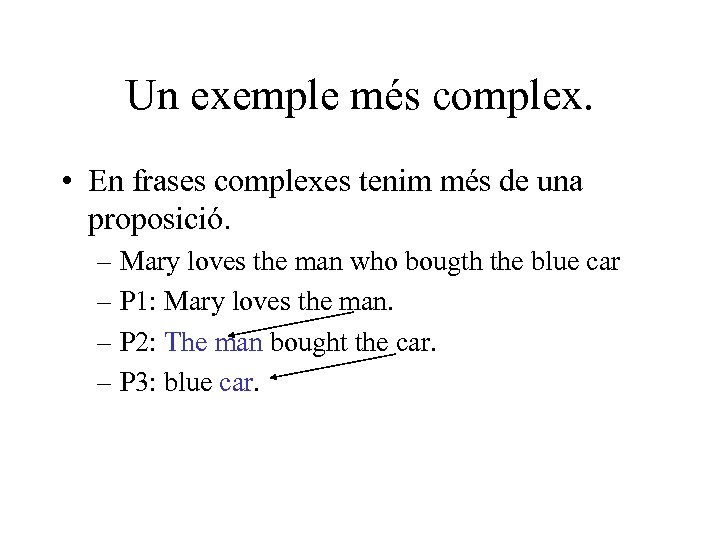 Un exemple més complex. • En frases complexes tenim més de una proposició. –