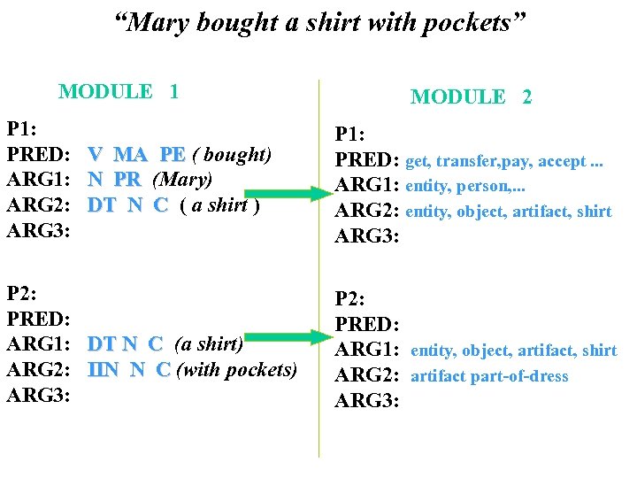 “Mary bought a shirt with pockets” MODULE 1 P 1: PRED: ARG 1: ARG