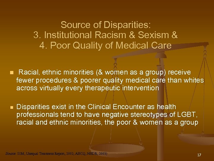Source of Disparities: 3. Institutional Racism & Sexism & 4. Poor Quality of Medical