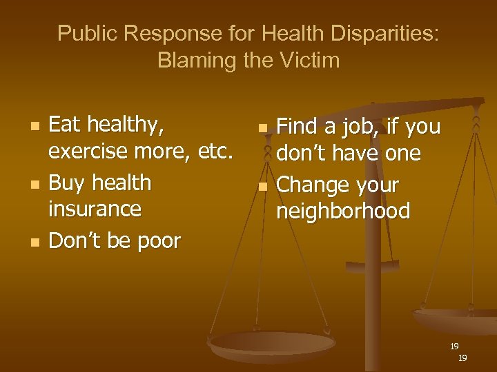 Public Response for Health Disparities: Blaming the Victim n n n Eat healthy, exercise