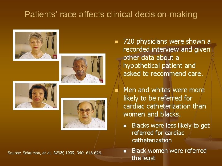 Patients’ race affects clinical decision-making n n 720 physicians were shown a recorded interview