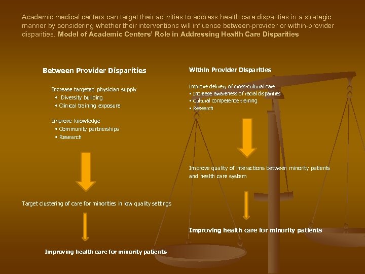 Academic medical centers can target their activities to address health care disparities in a
