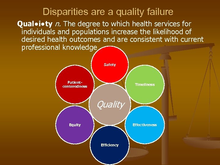 Disparities are a quality failure Qual●i●ty n. The degree to which health services for