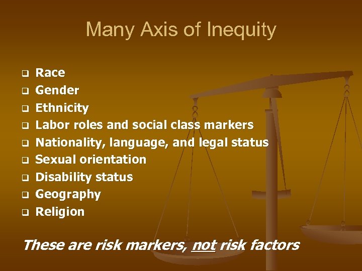 Many Axis of Inequity q q q q q Race Gender Ethnicity Labor roles