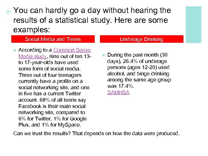 + You can hardly go a day without hearing the results of a statistical