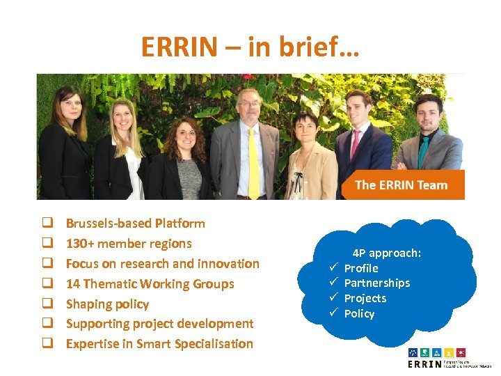 ERRIN – in brief… q q q q Brussels-based Platform 130+ member regions Focus