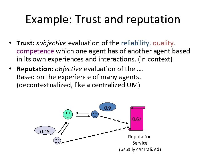 Example: Trust and reputation • Trust: subjective evaluation of the reliability, quality, competence which