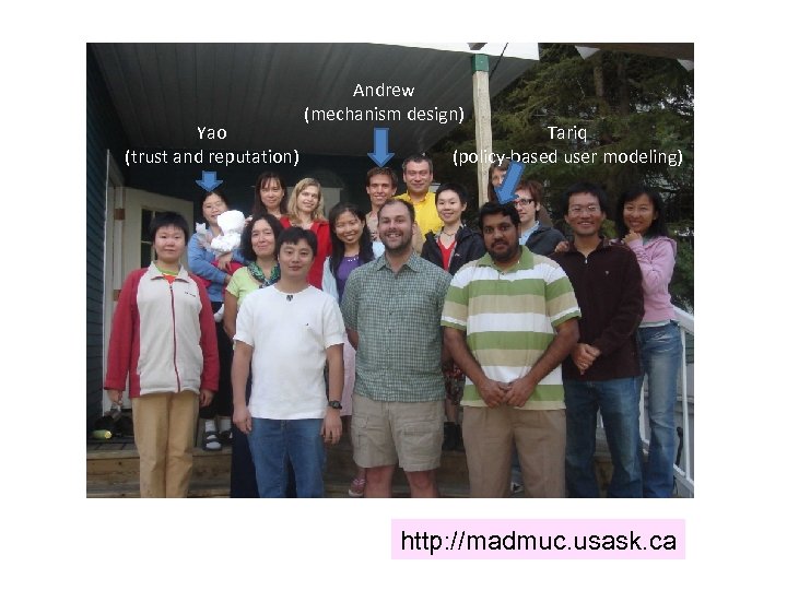 Yao (trust and reputation) Andrew (mechanism design) Tariq (policy-based user modeling) http: //madmuc. usask.