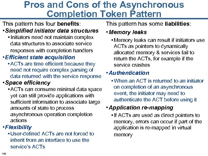 Pros and Cons of the Asynchronous Completion Token Pattern This pattern has four benefits: