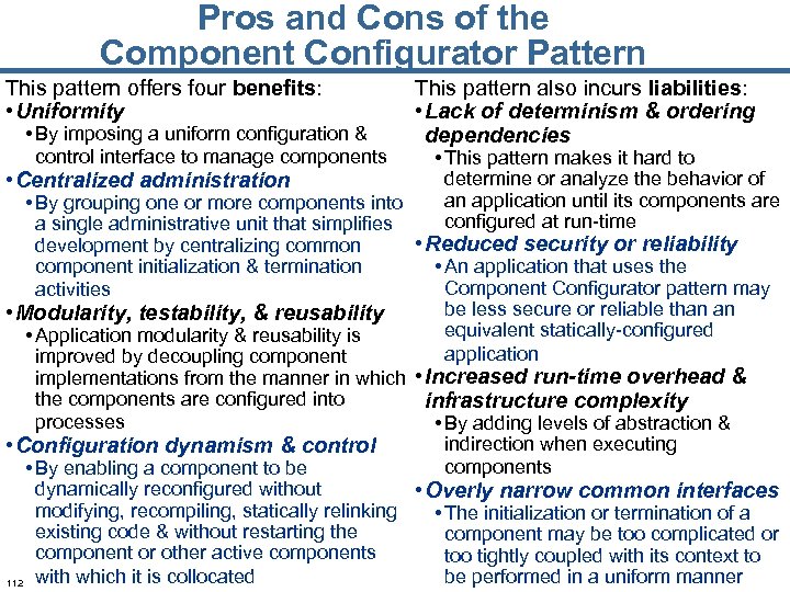 Pros and Cons of the Component Configurator Pattern This pattern offers four benefits: •