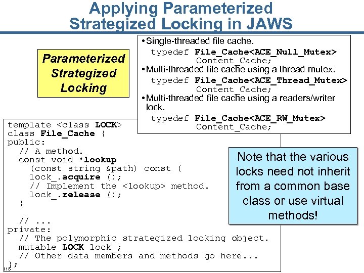Applying Parameterized Strategized Locking in JAWS Parameterized Strategized Locking • Single-threaded file cache. typedef