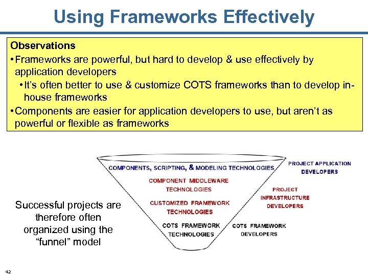Using Frameworks Effectively Observations • Frameworks are powerful, but hard to develop & use