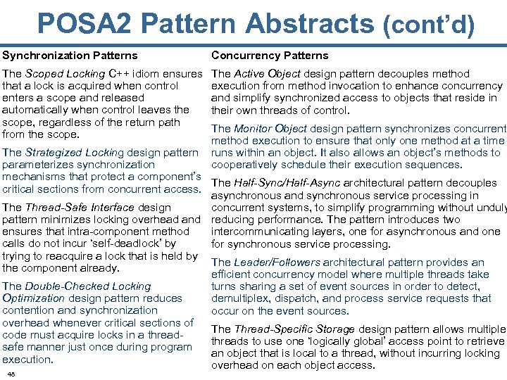 POSA 2 Pattern Abstracts (cont’d) Synchronization Patterns Concurrency Patterns The Scoped Locking C++ idiom