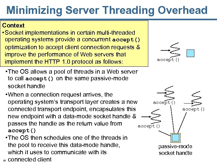 Minimizing Server Threading Overhead Context • Socket implementations in certain multi-threaded operating systems provide
