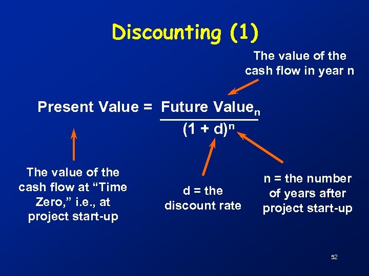 Discounting (1) The value of the cash flow in year n Present Value =