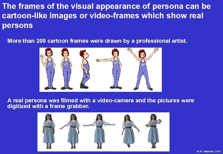 The frames of the visual appearance of persona can be cartoon-like images or video-frames