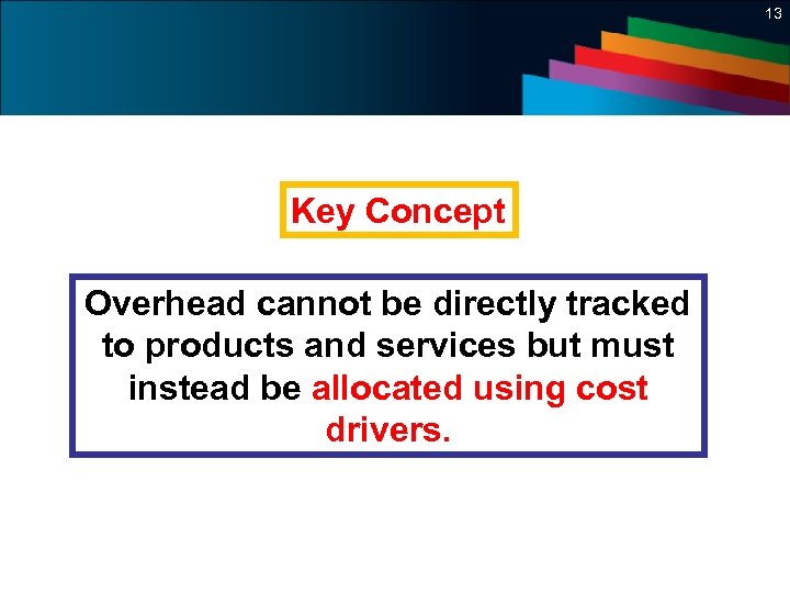 13 Key Concept Overhead cannot be directly tracked to products and services but must