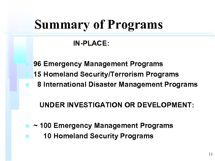 Summary of Programs IN-PLACE: n n n 96 Emergency Management Programs 15 Homeland Security/Terrorism