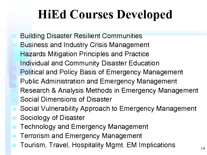 Hi. Ed Courses Developed n n n n Building Disaster Resilient Communities Business and