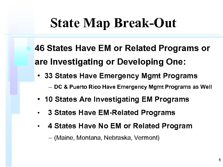 State Map Break-Out n 46 States Have EM or Related Programs or are Investigating