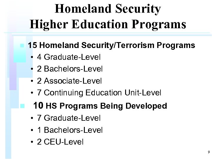 Homeland Security Higher Education Programs n n 15 Homeland Security/Terrorism Programs • 4 Graduate-Level