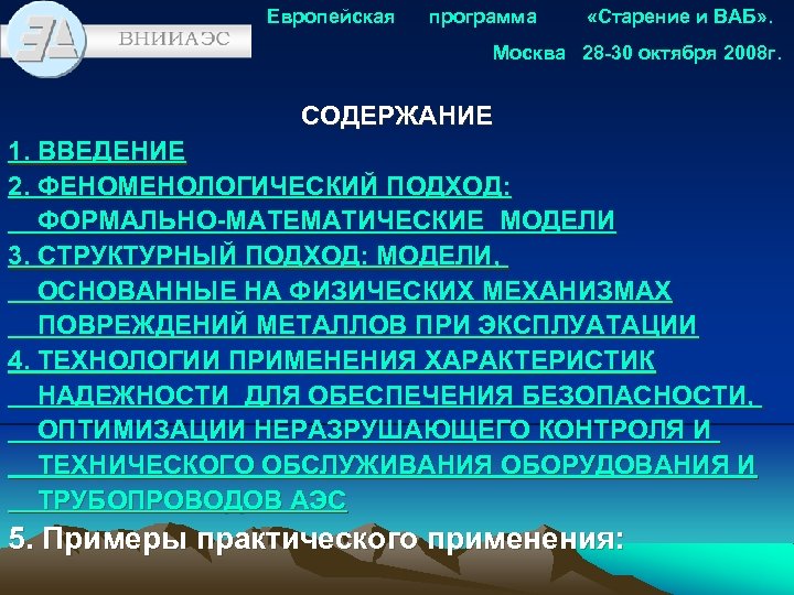 Европейская программа «Старение и ВАБ» . Москва 28 -30 октября 2008 г. СОДЕРЖАНИЕ 1.