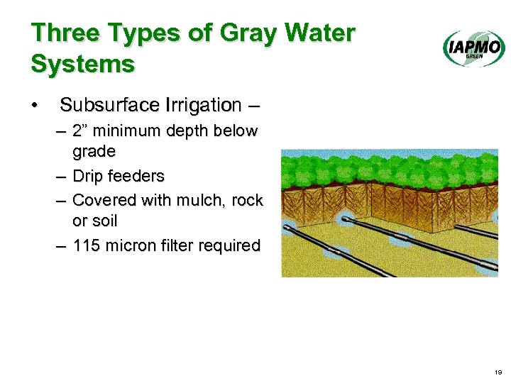 Three Types of Gray Water Systems • Subsurface Irrigation – – 2” minimum depth