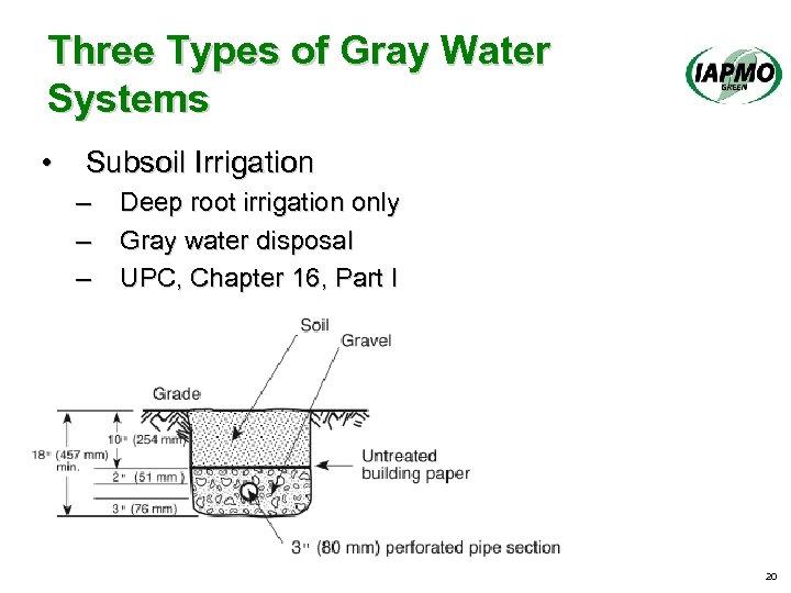 Three Types of Gray Water Systems • Subsoil Irrigation – – – Deep root