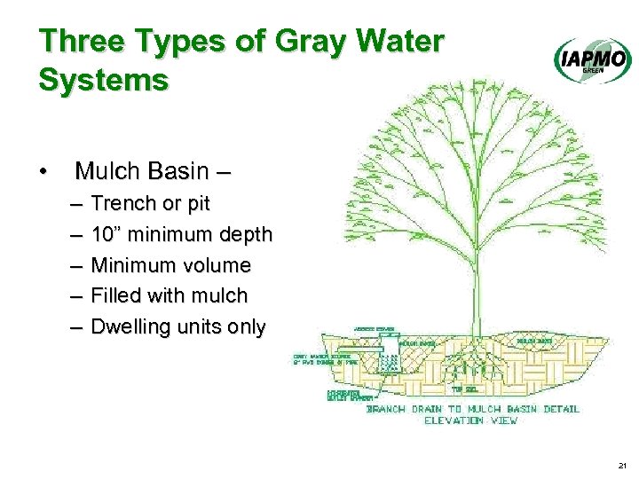 Three Types of Gray Water Systems • Mulch Basin – – – Trench or