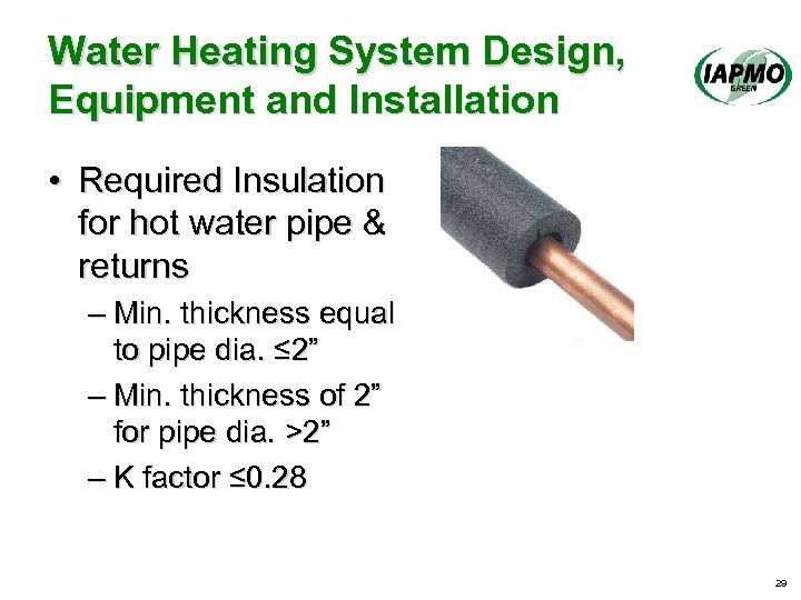 Water Heating System Design, Equipment and Installation • Required Insulation for hot water pipe