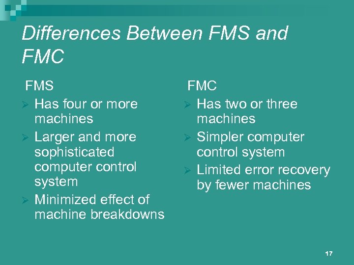 Differences Between FMS and FMC FMS Ø Has four or more machines Ø Larger