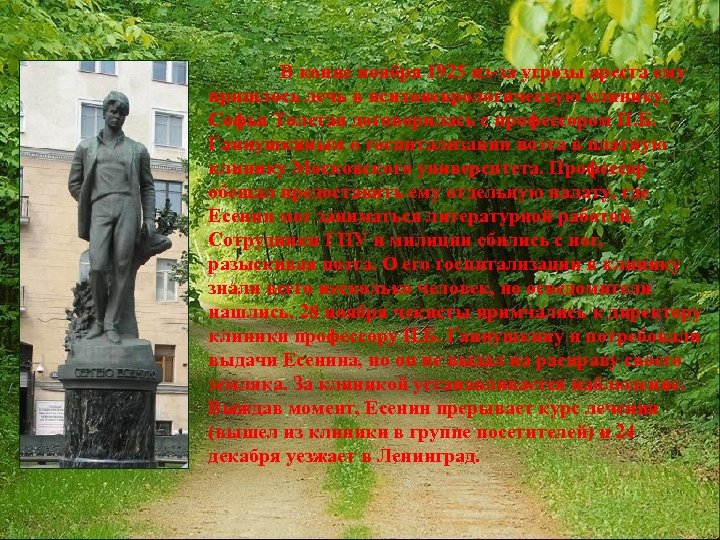 В конце ноября 1925 из-за угрозы ареста ему пришлось лечь в психоневрологическую клинику. Софья