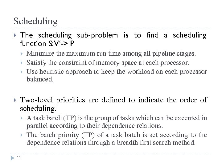 Scheduling The scheduling sub-problem is to find a scheduling function S: V‘-> P Minimize