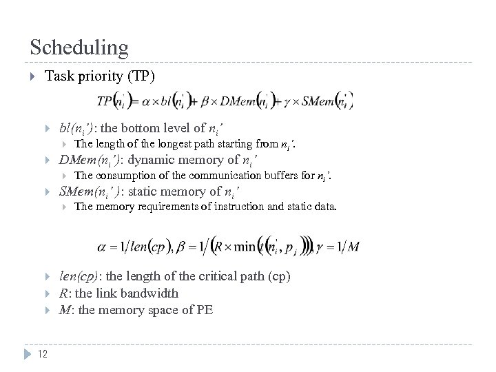 Scheduling Task priority (TP) bl(ni’): the bottom level of ni’ DMem(ni’): dynamic memory of