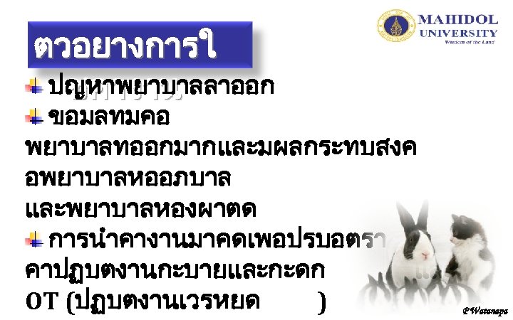 ตวอยางการใ ปญหาพยาบาลลาออก ชคางาน ขอมลทมคอ พยาบาลทออกมากและมผลกระทบสงค อพยาบาลหออภบาล และพยาบาลหองผาตด การนำคางานมาคดเพอปรบอตรา คาปฏบตงานกะบายและกะดก และ OT (ปฏบตงานเวรหยด ) P