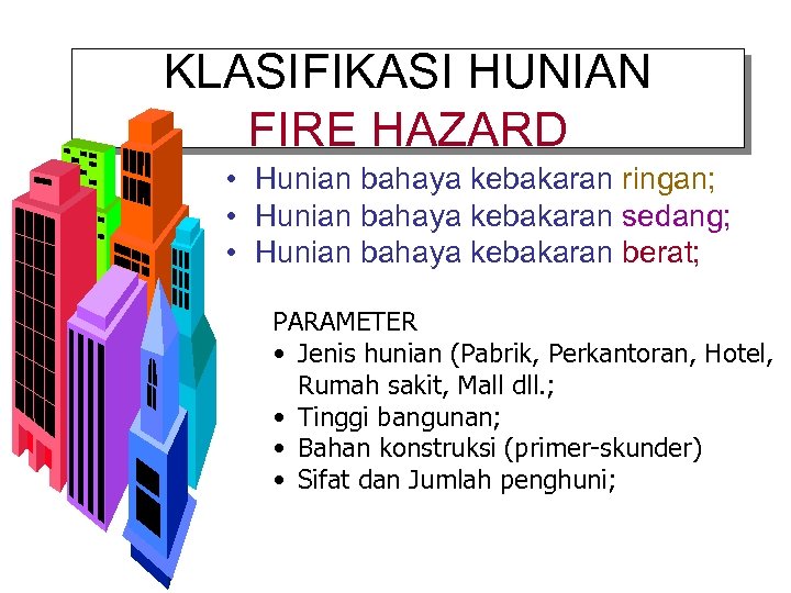 KLASIFIKASI HUNIAN FIRE HAZARD * Hunian bahaya kebakaran ringan; * Hunian b...