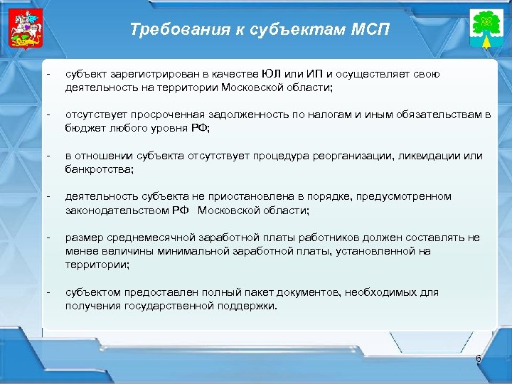 Требования к субъектам МСП - субъект зарегистрирован в качестве ЮЛ или ИП и осуществляет
