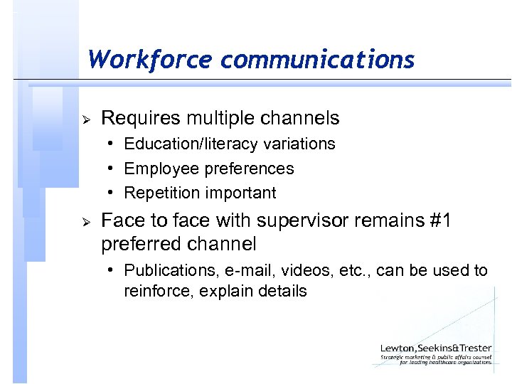 Workforce communications Ø Requires multiple channels • Education/literacy variations • Employee preferences • Repetition