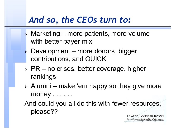 And so, the CEOs turn to: Marketing – more patients, more volume with better
