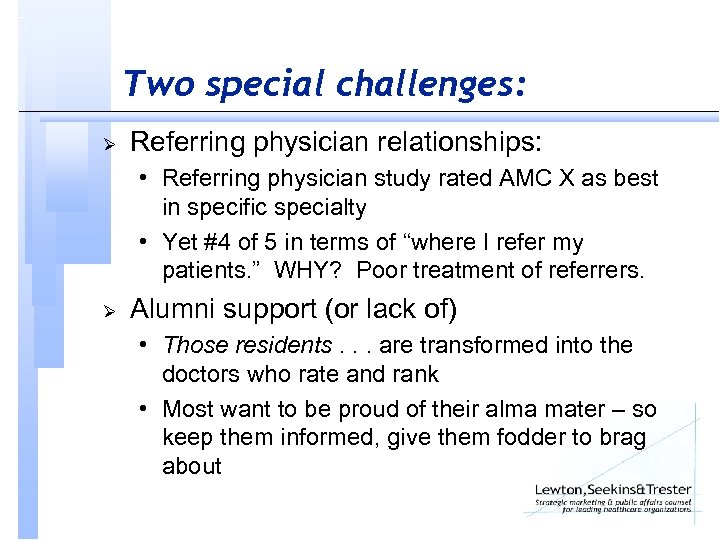 Two special challenges: Ø Referring physician relationships: • Referring physician study rated AMC X
