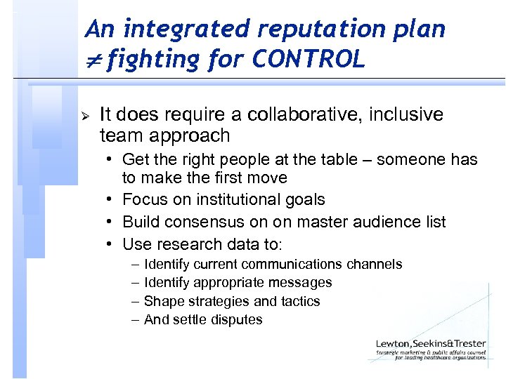 An integrated reputation plan fighting for CONTROL Ø It does require a collaborative, inclusive
