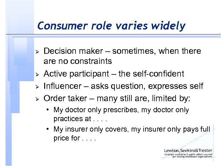 Consumer role varies widely Ø Ø Decision maker – sometimes, when there are no