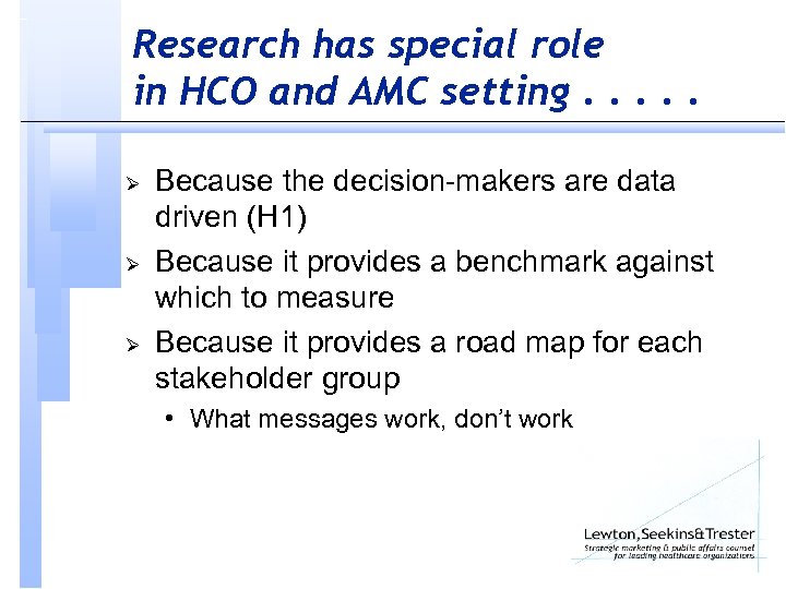 Research has special role in HCO and AMC setting. . . Ø Ø Ø