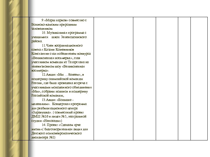 9. «Марш парков» совместно с Волжско-камским природным заповедником. 10. Музыкальная программа с учащимися школ