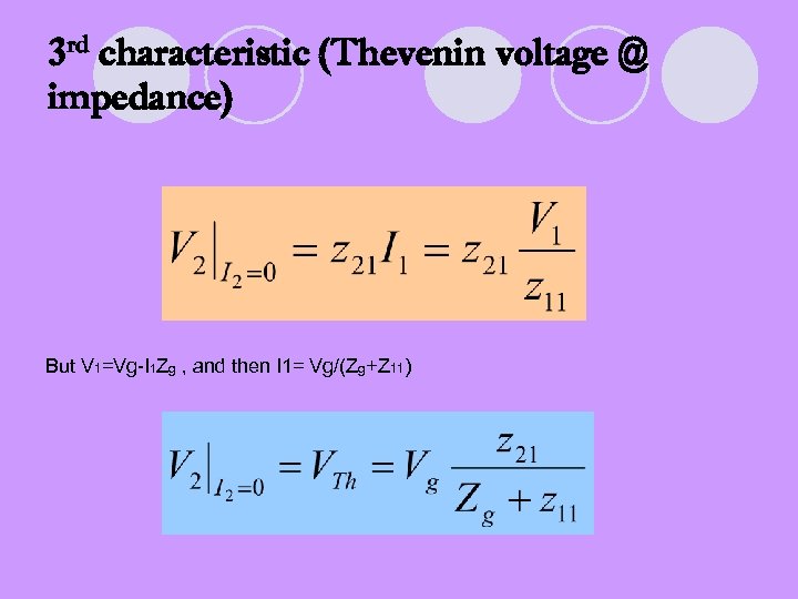 3 rd characteristic (Thevenin voltage @ impedance) But V 1=Vg-I 1 Zg , and