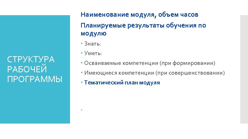 Наименование модуля, объем часов Планируемые результаты обучения по модулю Знать: СТРУКТУРА РАБОЧЕЙ ПРОГРАММЫ Уметь: