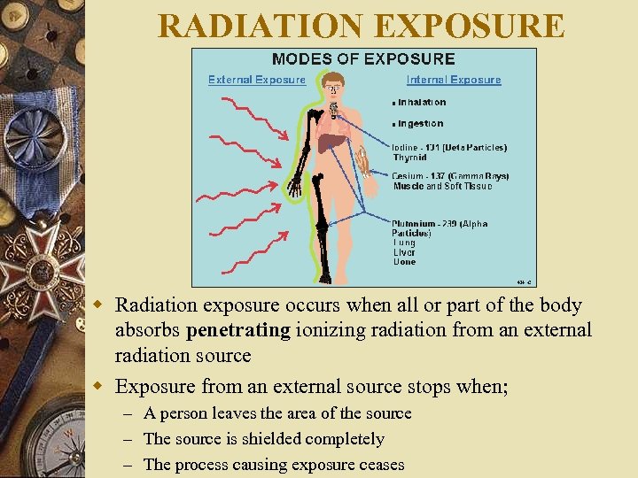 RADIATION EXPOSURE w Radiation exposure occurs when all or part of the body absorbs