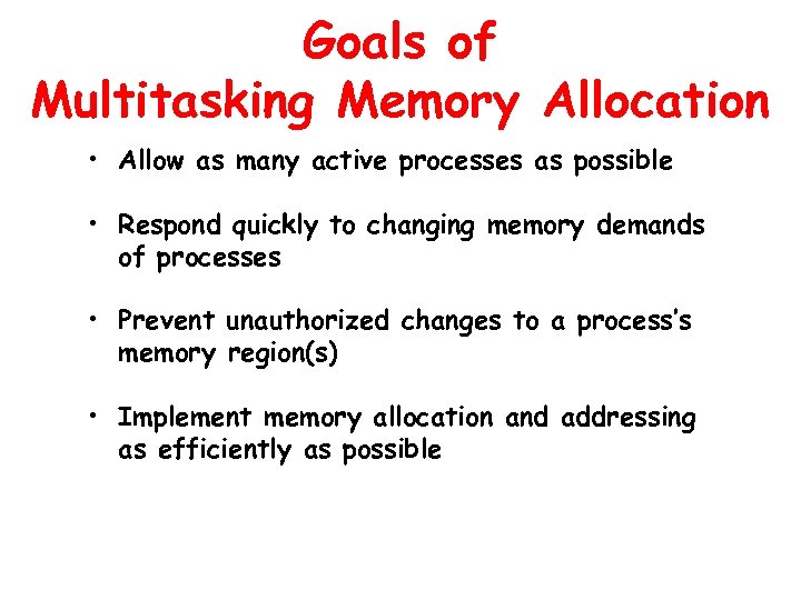 Goals of Multitasking Memory Allocation • Allow as many active processes as possible •